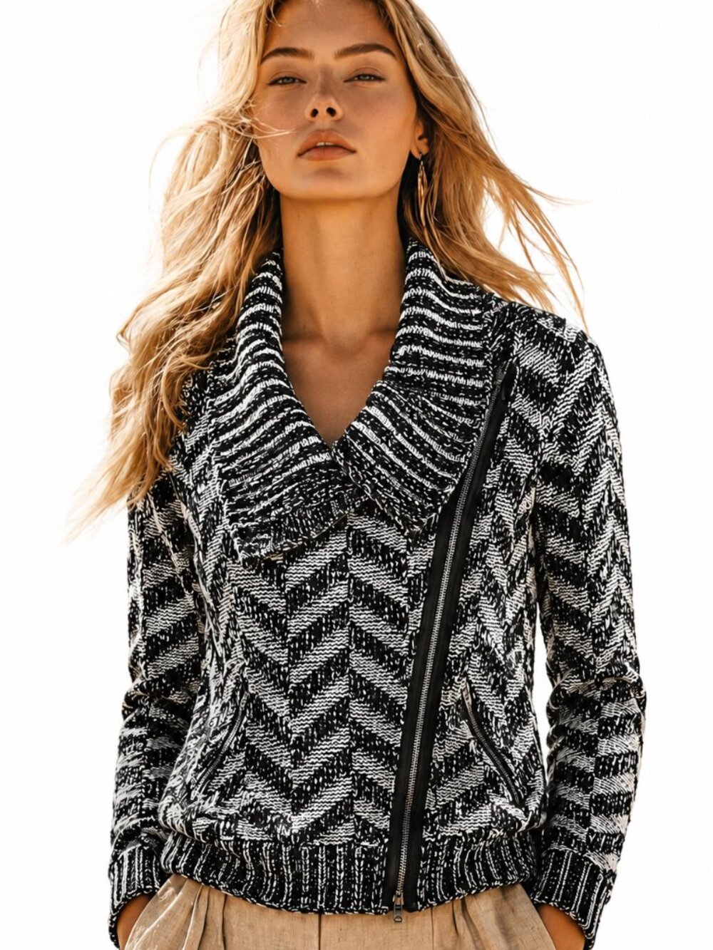 Forever 21 Black & White Chevron Knit Moto-Style Jacket